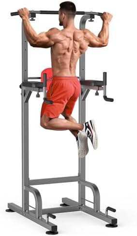 RELIFE Power Tower - Höhenverstellbares Multifunktions-Fitnessgerät für Zuhause | Klimmzüge, Dips & Liegestütze (Grau)