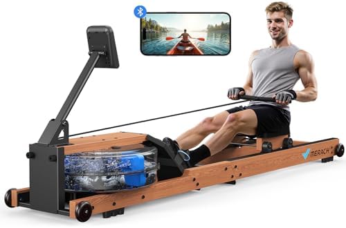 MERACH Klappbares Wasser Rudergerät aus Holz mit APP & Komfortsitz – Perfekt für Heimfitness!