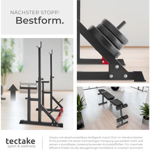 tectake® Squat Rack für Home Gym – Höhenverstellbare Langhantelablage mit Sicherheitsablage und stabilem Scheibenständer