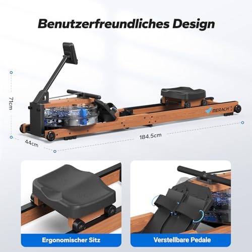 MERACH Klappbares Wasser Rudergerät aus Holz mit APP & Komfortsitz – Perfekt für Heimfitness!