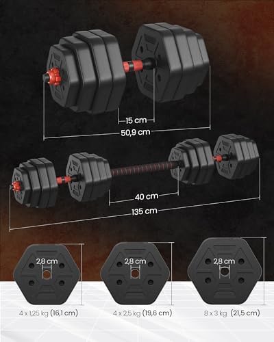 SONGMICS Hantelset 10-40 kg, Hexagon Hanteln mit Verbindungsstange für effektives Home-Workout und Fitnesstraining