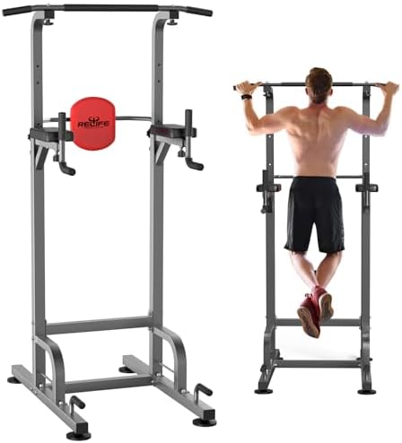 RELIFE Power Tower - Höhenverstellbares Multifunktions-Fitnessgerät für Zuhause | Klimmzüge, Dips & Liegestütze (Grau)