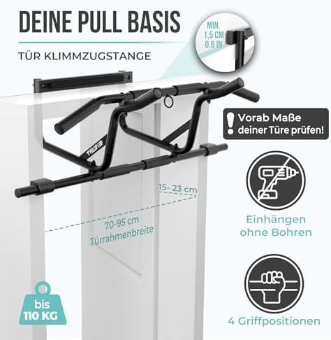 PULLUP & DIP Klimmzugstange für Türrahmen – Profi Pull-up Bar mit gepolsterten Griffen für sicheres Training ohne Schrau