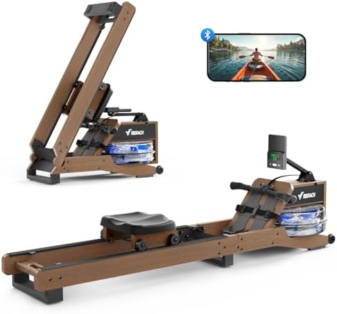 MERACH Klappbares Wasser Rudergerät aus Holz mit APP & Komfortsitz – Perfekt für Heimfitness!