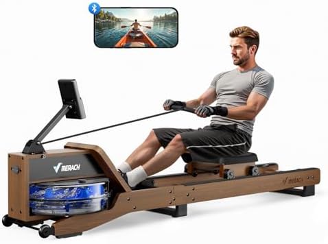 MERACH Klappbares Wasser Rudergerät aus Holz mit APP & Komfortsitz – Perfekt für Heimfitness!