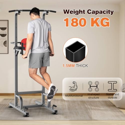 RELIFE Power Tower - Höhenverstellbares Multifunktions-Fitnessgerät für Zuhause | Klimmzüge, Dips & Liegestütze (Grau)