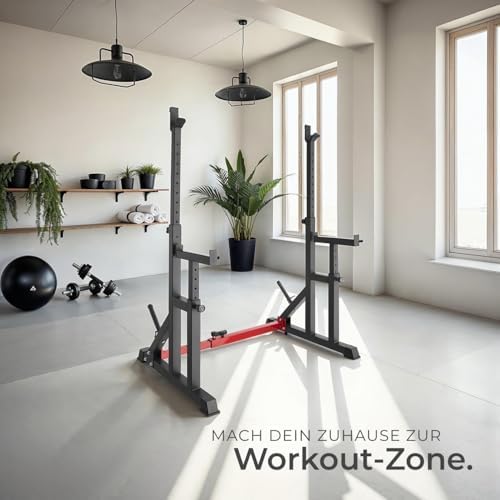 tectake® Squat Rack für Home Gym – Höhenverstellbare Langhantelablage mit Sicherheitsablage und stabilem Scheibenständer