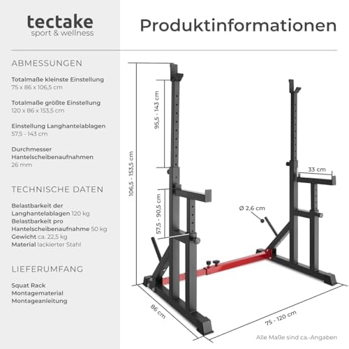 tectake® Squat Rack für Home Gym – Höhenverstellbare Langhantelablage mit Sicherheitsablage und stabilem Scheibenständer