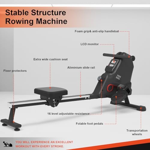 Neezee Rudergerät für zuhause – Magnetisches Rudergerät mit 16 Widerstandsstufen, leise und platzsparend mit LCD-Monitor