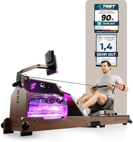Sportstech WRX1000 Premium Rudergerät für Zuhause - Klappbare Wasser-Rudermaschine mit LED-Tank, App-Kursen & Tablethalt