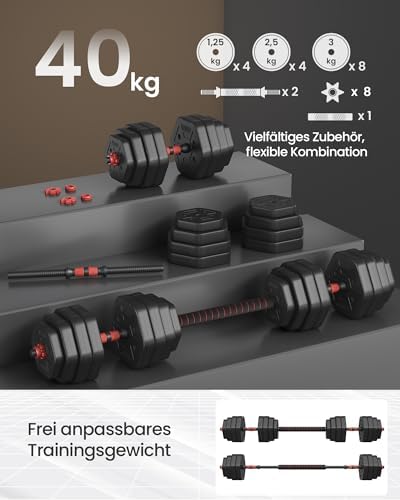 SONGMICS Hantelset 10-40 kg, Hexagon Hanteln mit Verbindungsstange für effektives Home-Workout und Fitnesstraining