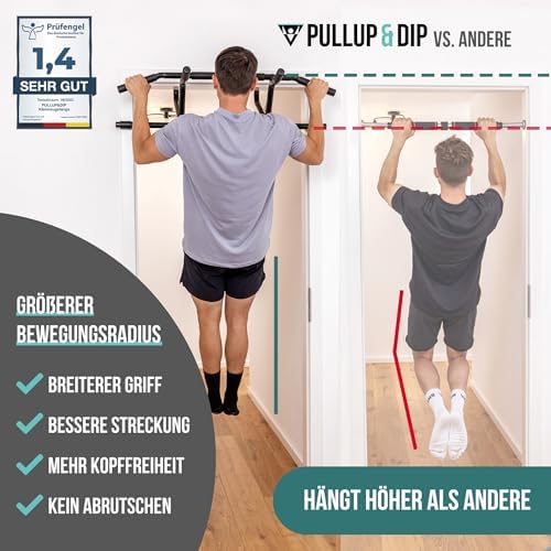 PULLUP & DIP Klimmzugstange für Türrahmen – Profi Pull-up Bar mit gepolsterten Griffen für sicheres Training ohne Schrau