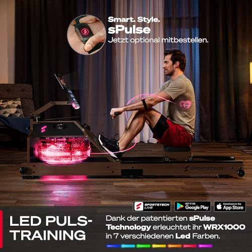 Sportstech WRX1000 Premium Rudergerät für Zuhause - Klappbare Wasser-Rudermaschine mit LED-Tank, App-Kursen & Tablethalt