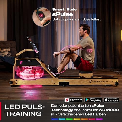 Sportstech WRX1000 Premium Rudergerät für Zuhause - Klappbare Wasser-Rudermaschine mit LED-Tank, App-Kursen & Tablethalt