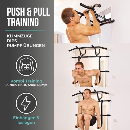 PULLUP & DIP Klimmzugstange für Türrahmen – Profi Pull-up Bar mit gepolsterten Griffen für sicheres Training ohne Schrau