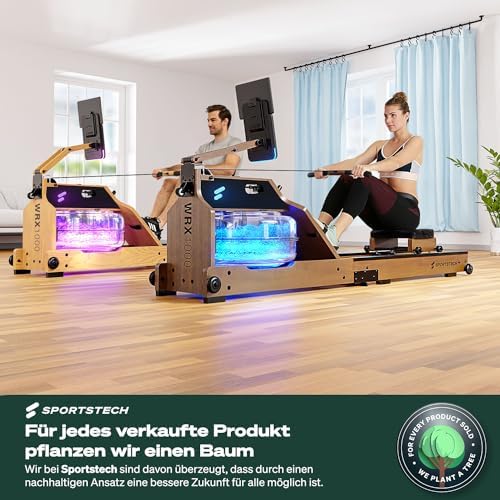 Sportstech WRX1000 Premium Rudergerät für Zuhause - Klappbare Wasser-Rudermaschine mit LED-Tank, App-Kursen & Tablethalt