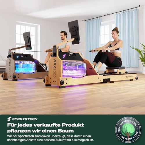 Sportstech WRX1000 Premium Rudergerät für Zuhause - Klappbare Wasser-Rudermaschine mit LED-Tank, App-Kursen & Tablethalt