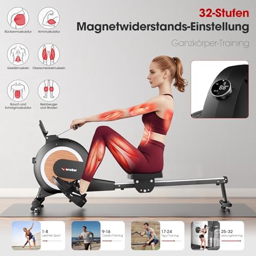 Wenoker Rudergerät für Zuhause – Magnetisches, leises Cardio Rudergerät mit APP, LCD-Display & 32 Widerstandsstufen, 160