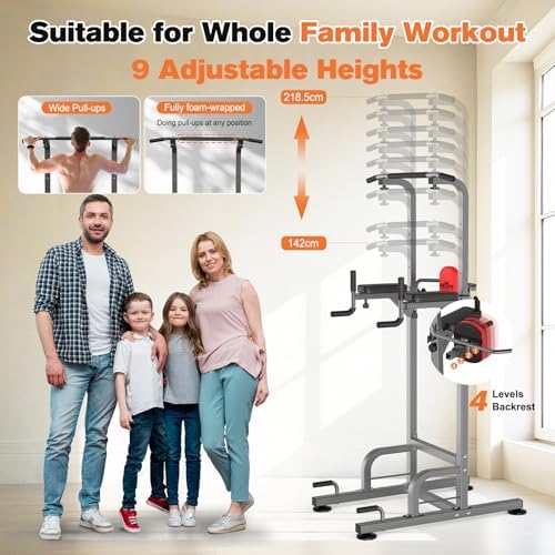 RELIFE Power Tower - Höhenverstellbares Multifunktions-Fitnessgerät für Zuhause | Klimmzüge, Dips & Liegestütze (Grau)