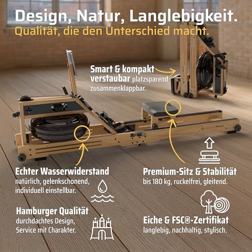 SportPlus Wasserrudergerät für Zuhause – Klappbar & FSC®-Zertifiziertes Eichenholz bis 180 kg – Fitness für alle Größen!