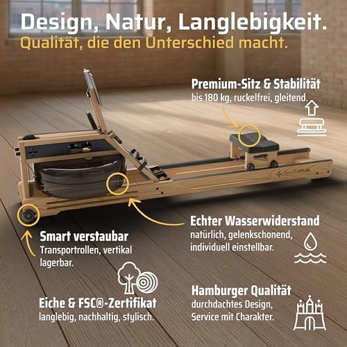 SportPlus Wasserrudergerät für Zuhause – Klappbar & FSC®-Zertifiziertes Eichenholz bis 180 kg – Fitness für alle Größen!