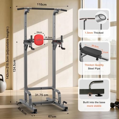 RELIFE Power Tower - Höhenverstellbares Multifunktions-Fitnessgerät für Zuhause | Klimmzüge, Dips & Liegestütze (Grau)