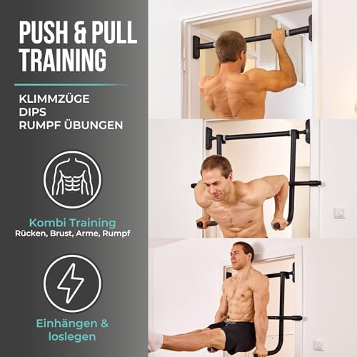 PULLUP & DIP Klimmzugstange für Türrahmen – Profi Pull-up Bar mit gepolsterten Griffen für sicheres Training ohne Schrau