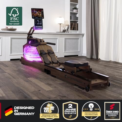 Sportstech WRX1000 Premium Rudergerät für Zuhause - Klappbare Wasser-Rudermaschine mit LED-Tank, App-Kursen & Tablethalt