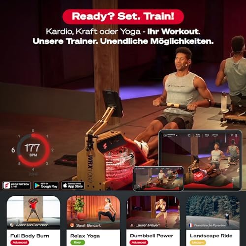Sportstech WRX1000 Premium Rudergerät für Zuhause - Klappbare Wasser-Rudermaschine mit LED-Tank, App-Kursen & Tablethalt