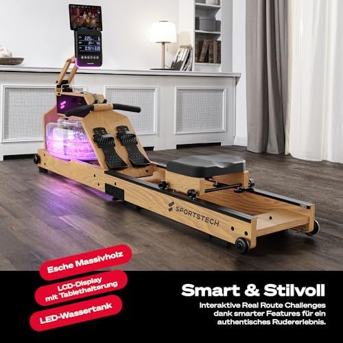 Sportstech WRX1000 Premium Rudergerät für Zuhause - Klappbare Wasser-Rudermaschine mit LED-Tank, App-Kursen & Tablethalt