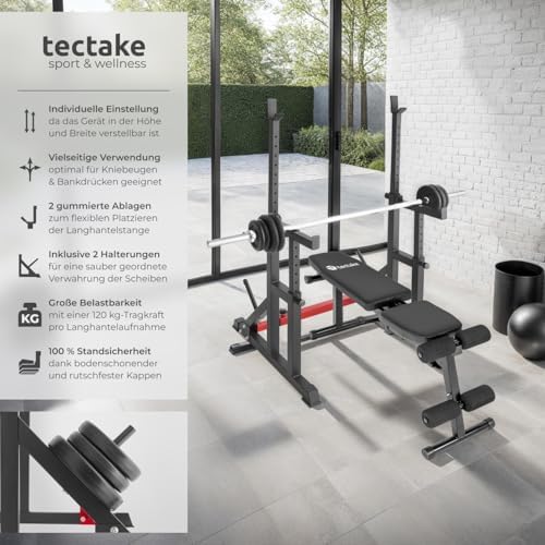 tectake® Squat Rack für Home Gym – Höhenverstellbare Langhantelablage mit Sicherheitsablage und stabilem Scheibenständer
