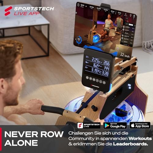 Sportstech WRX1000 Premium Rudergerät für Zuhause - Klappbare Wasser-Rudermaschine mit LED-Tank, App-Kursen & Tablethalt
