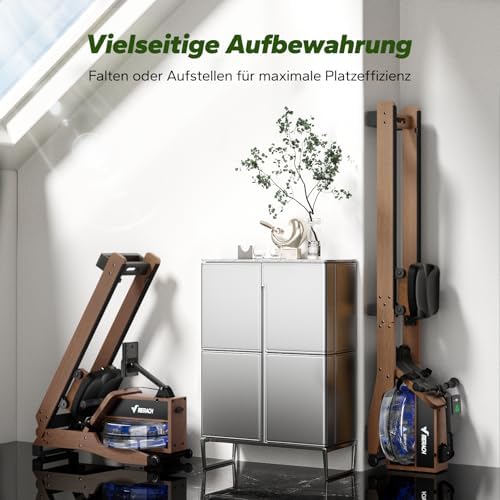 MERACH Klappbares Wasser Rudergerät aus Holz mit APP & Komfortsitz – Perfekt für Heimfitness!