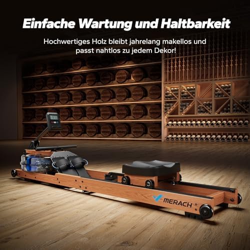 MERACH Klappbares Wasser Rudergerät aus Holz mit APP & Komfortsitz – Perfekt für Heimfitness!