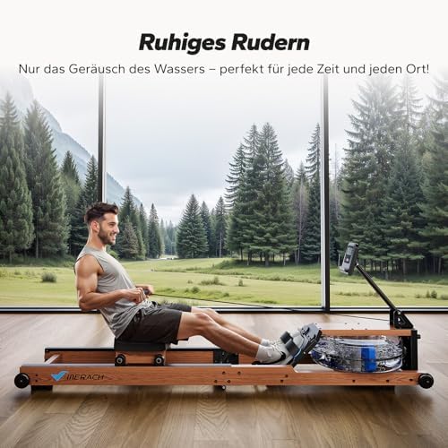 MERACH Klappbares Wasser Rudergerät aus Holz mit APP & Komfortsitz – Perfekt für Heimfitness!