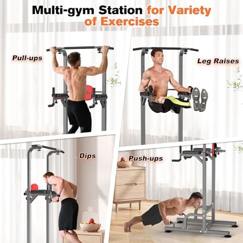 RELIFE Power Tower - Höhenverstellbares Multifunktions-Fitnessgerät für Zuhause | Klimmzüge, Dips & Liegestütze (Grau)