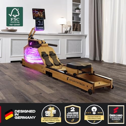 Sportstech WRX1000 Premium Rudergerät für Zuhause - Klappbare Wasser-Rudermaschine mit LED-Tank, App-Kursen & Tablethalt