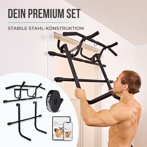 PULLUP & DIP Klimmzugstange für Türrahmen – Profi Pull-up Bar mit gepolsterten Griffen für sicheres Training ohne Schrau