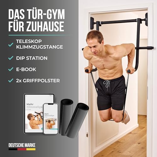 PULLUP & DIP Klimmzugstange für Türrahmen – Profi Pull-up Bar mit gepolsterten Griffen für sicheres Training ohne Schrau