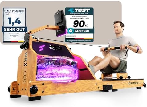 Sportstech WRX1000 Premium Rudergerät für Zuhause - Klappbare Wasser-Rudermaschine mit LED-Tank, App-Kursen & Tablethalt