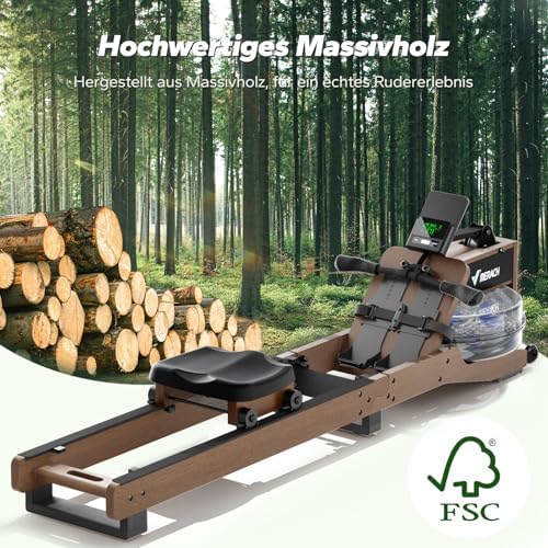 MERACH Klappbares Wasser Rudergerät aus Holz mit APP & Komfortsitz – Perfekt für Heimfitness!