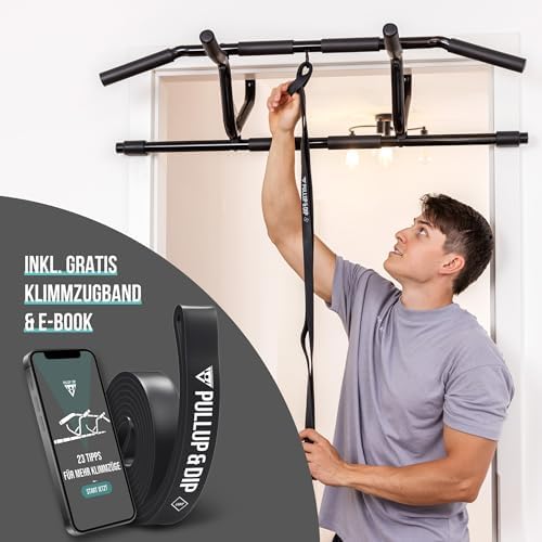 PULLUP & DIP Klimmzugstange für Türrahmen – Profi Pull-up Bar mit gepolsterten Griffen für sicheres Training ohne Schrau