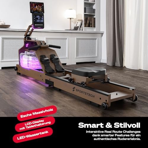 Sportstech WRX1000 Premium Rudergerät für Zuhause - Klappbare Wasser-Rudermaschine mit LED-Tank, App-Kursen & Tablethalt