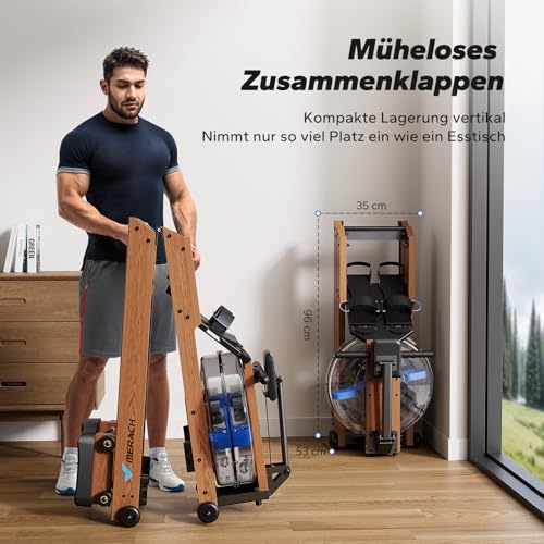 MERACH Klappbares Wasser Rudergerät aus Holz mit APP & Komfortsitz – Perfekt für Heimfitness!