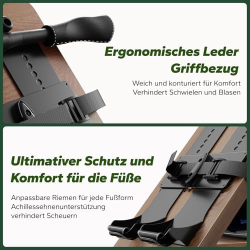 MERACH Klappbares Wasser Rudergerät aus Holz mit APP & Komfortsitz – Perfekt für Heimfitness!