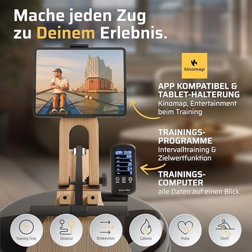 SportPlus Wasserrudergerät für Zuhause – Klappbar & FSC®-Zertifiziertes Eichenholz bis 180 kg – Fitness für alle Größen!