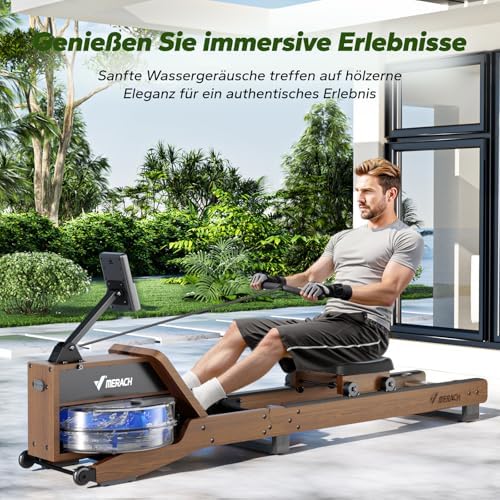 MERACH Klappbares Wasser Rudergerät aus Holz mit APP & Komfortsitz – Perfekt für Heimfitness!
