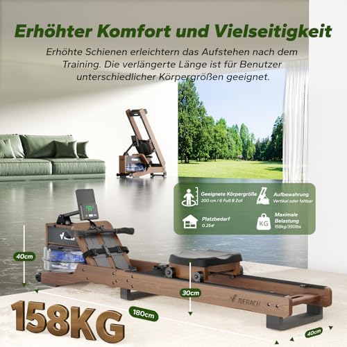 MERACH Klappbares Wasser Rudergerät aus Holz mit APP & Komfortsitz – Perfekt für Heimfitness!