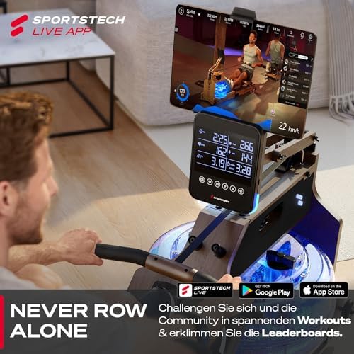 Sportstech WRX1000 Premium Rudergerät für Zuhause - Klappbare Wasser-Rudermaschine mit LED-Tank, App-Kursen & Tablethalt